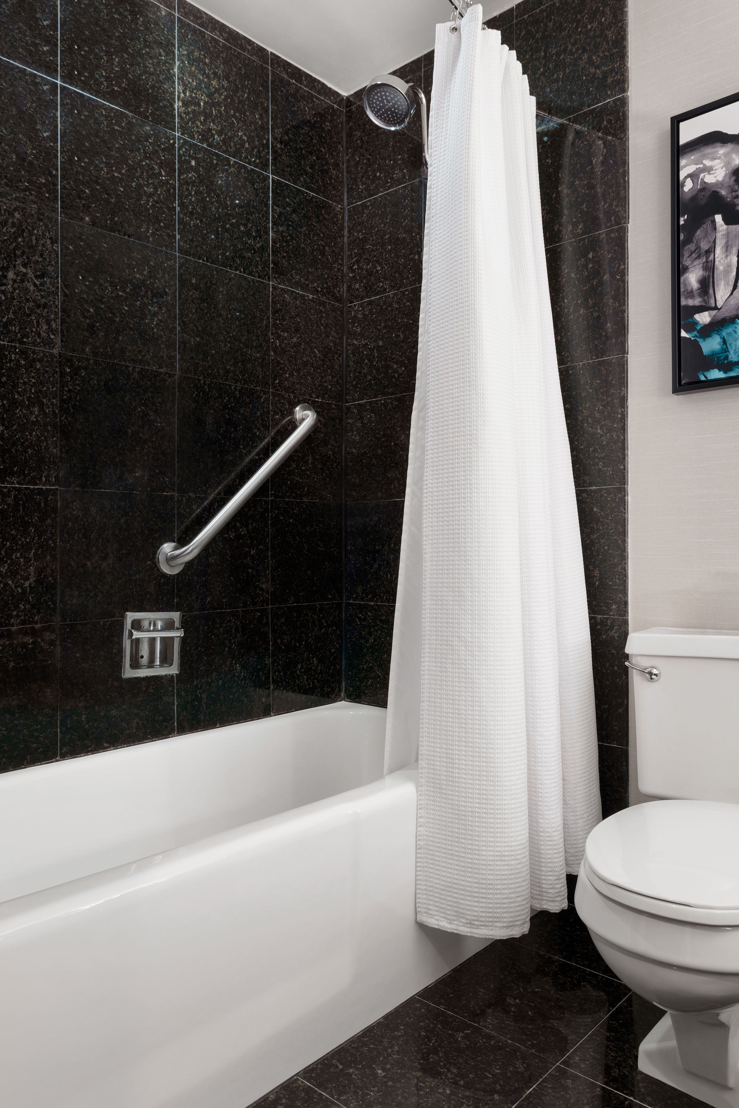 combined shower/bathtub, free toiletries, hair dryer, towels