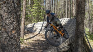 A person riding a mountain bike on a wooden trail in a forest.