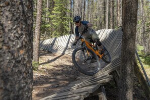 A person riding a mountain bike on a wooden trail in a forest.