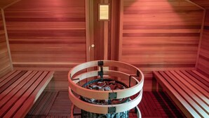A sauna with wooden benches and a central fire pit.