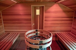 A sauna with wooden benches and a central fire pit.