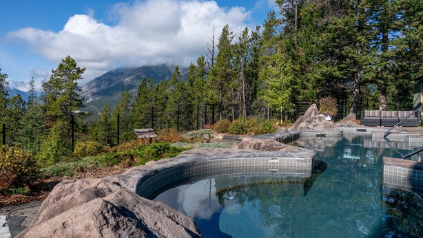 A natural hot spring surrounded by rocks and trees with a mountainous backdrop.