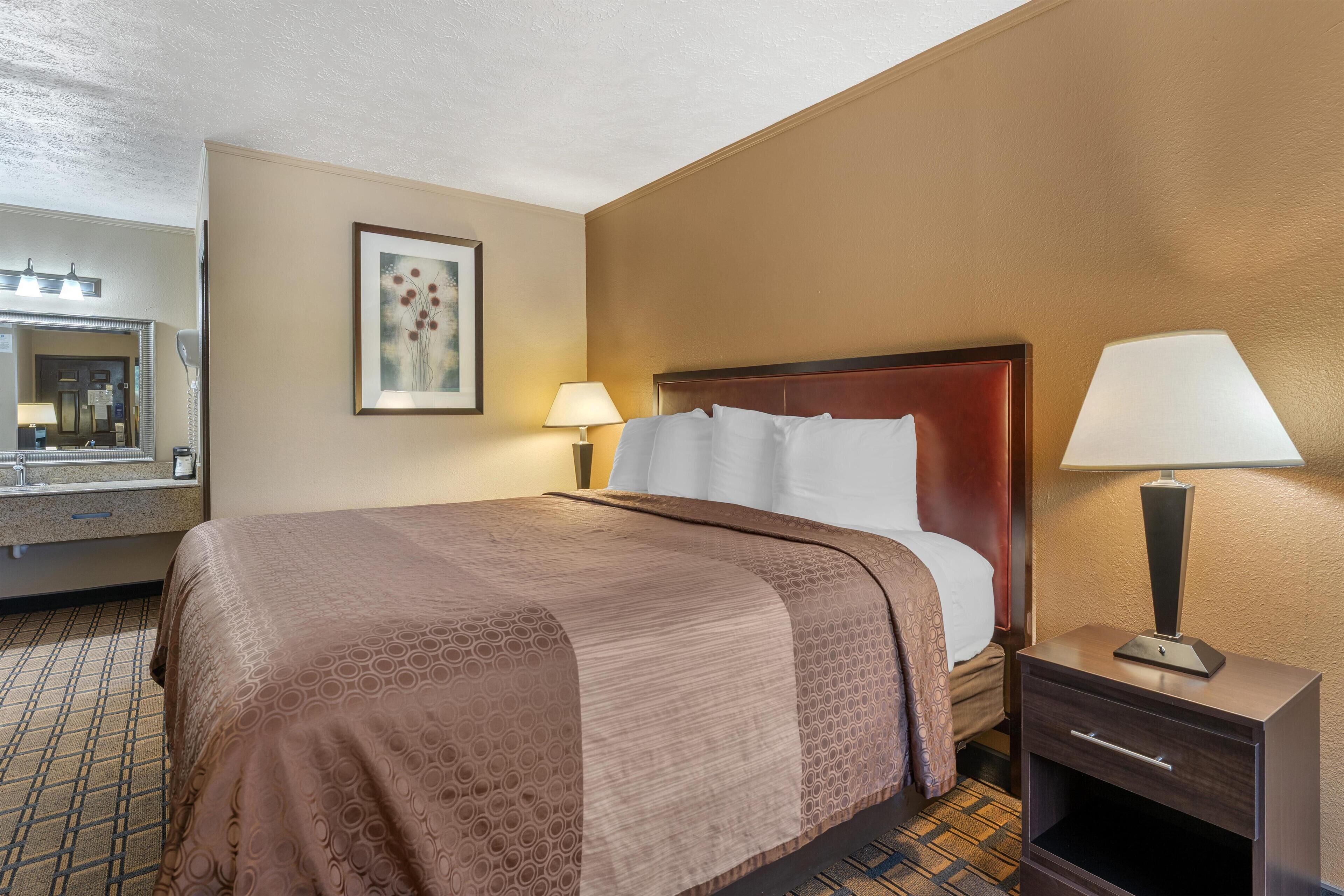 Habitación de hotel con una cama grande, una mesita de noche con lámpara, un tocador y un cuadro enmarcado en la pared.
