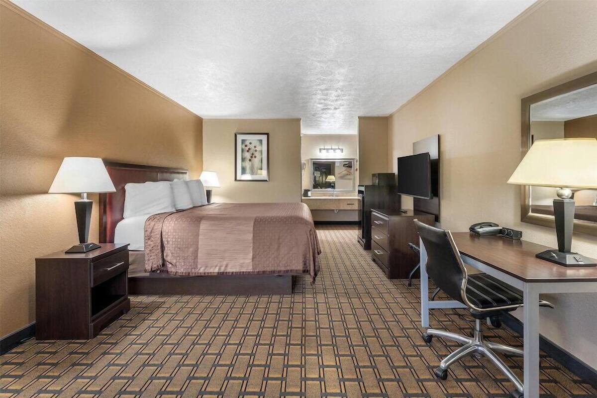 Habitación de hotel con cama, escritorio, silla, televisor y espejo.