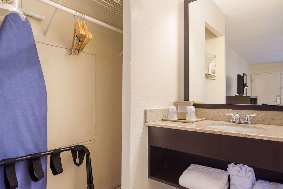 Un baño de hotel con lavamanos, espejo y perchero para toallas.