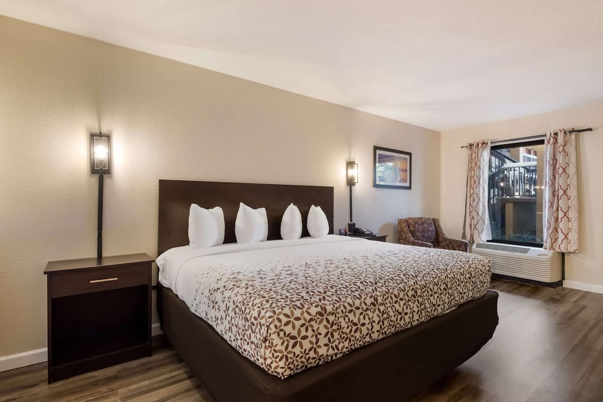 Un cuarto de hotel con una cama grande, lámparas de noche, una silla, una ventana con cortinas y un cuadro en la pared.