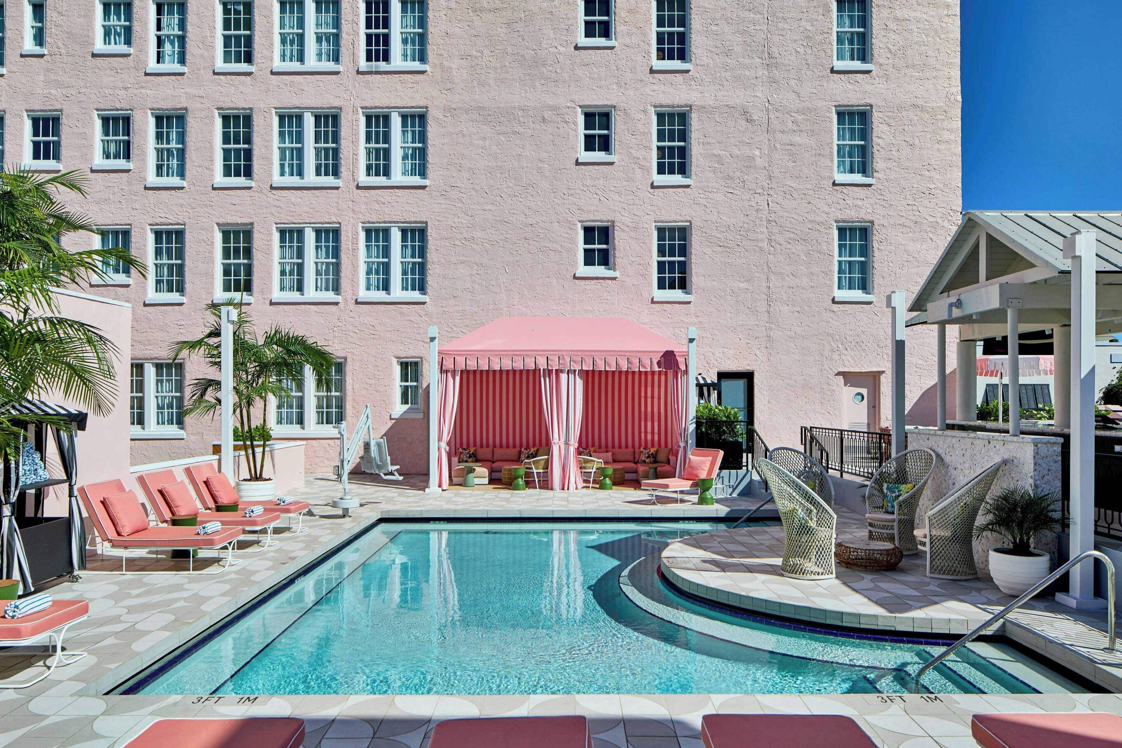 outdoor pool, pool loungers