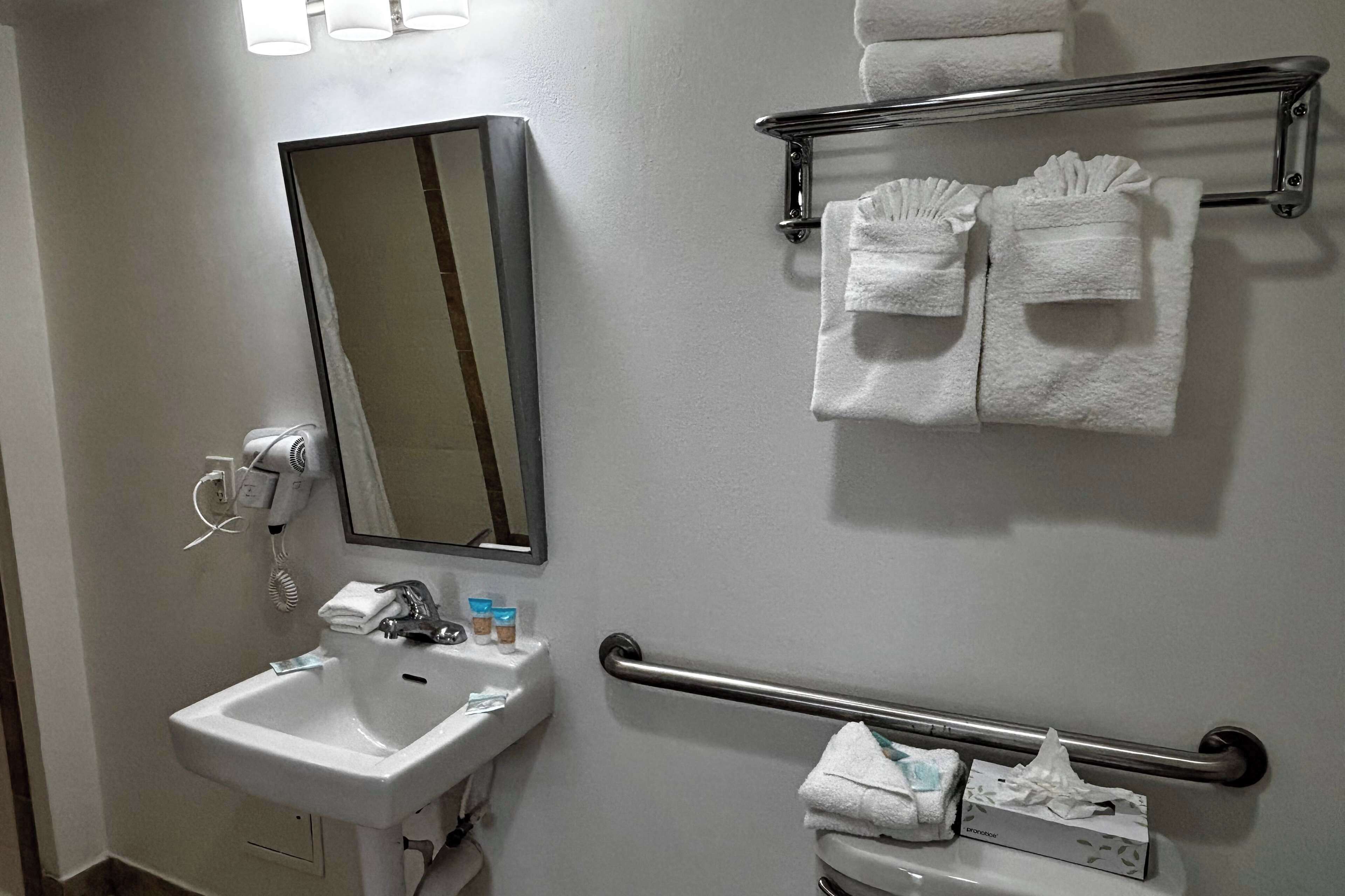 A bathroom with a sink, mirror, towel rack, and handrails.