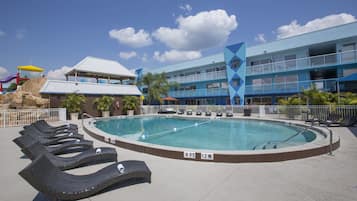 A heated pool, open 10:00 AM to 7:00 PM, pool cabanas (surcharge)