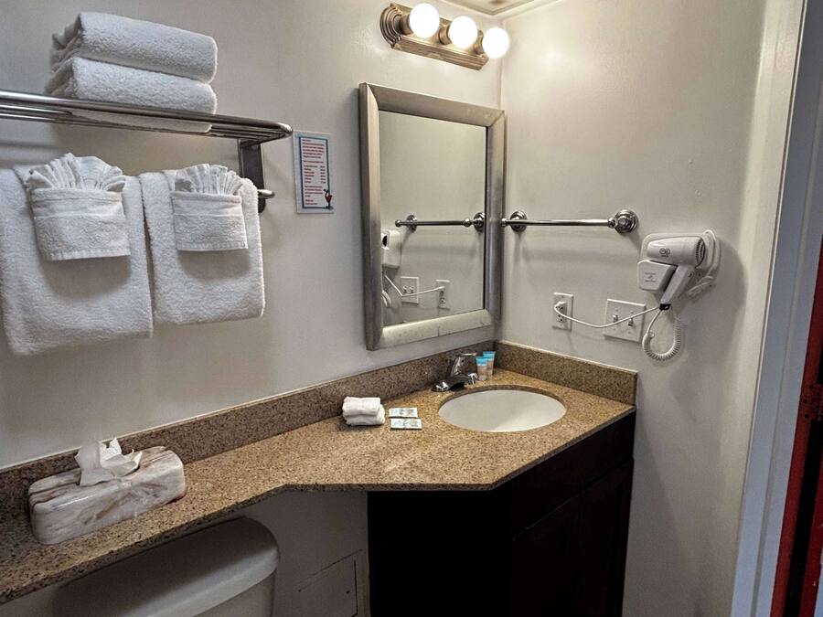 A bathroom with a sink, mirror, towel rack, and hairdryer.