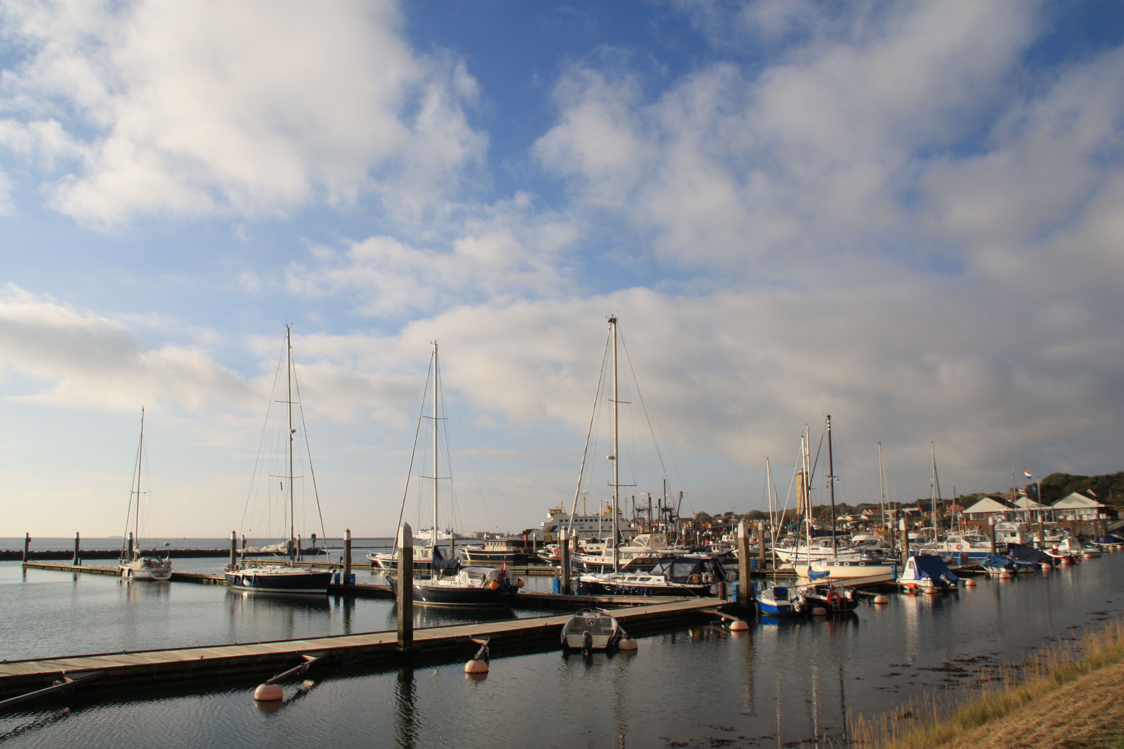 A marina with various boats docked at the piers.