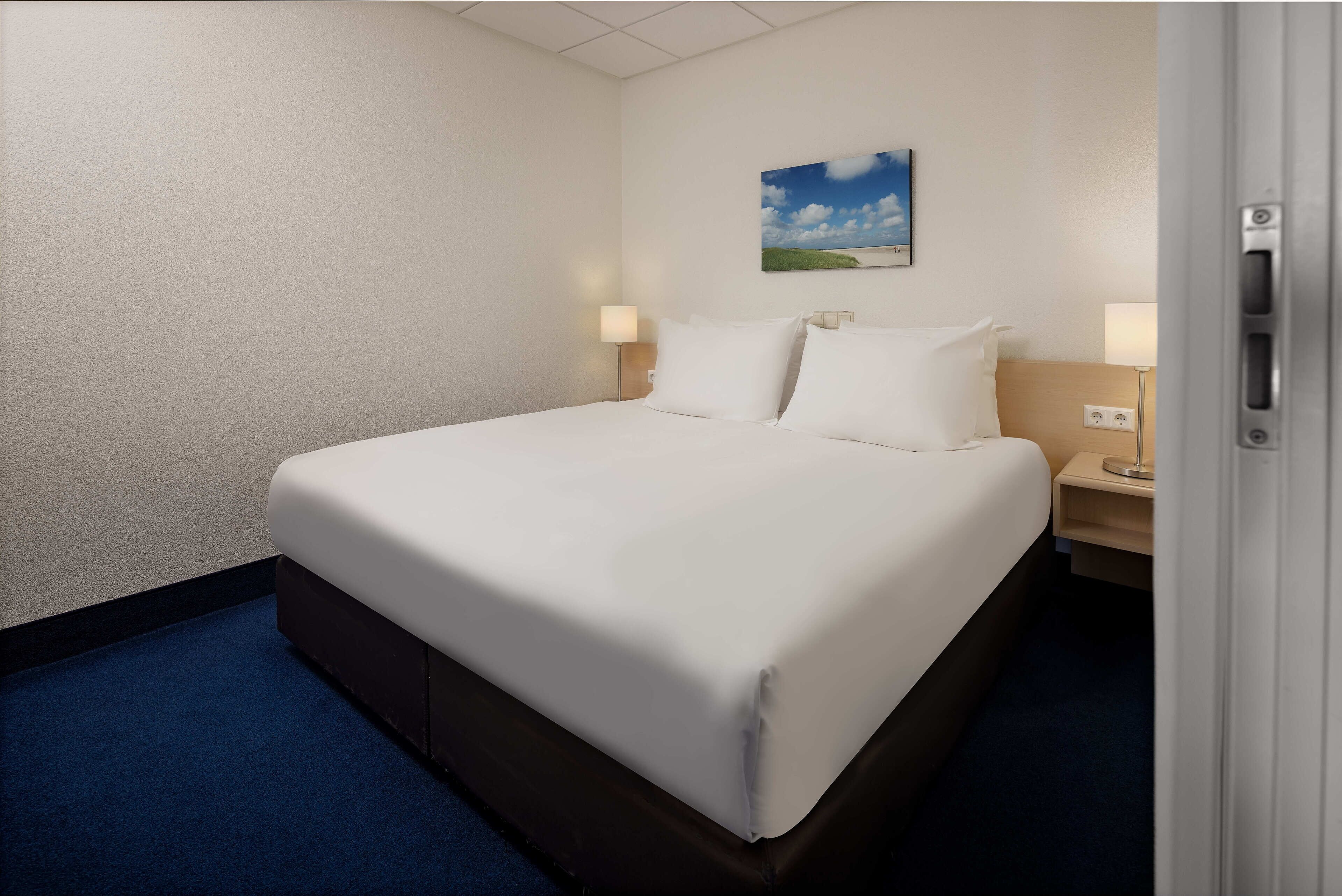 Hotelkamer met een groot bed, twee nachtkastjes met lampen, een schilderij aan de muur en een stopcontact.