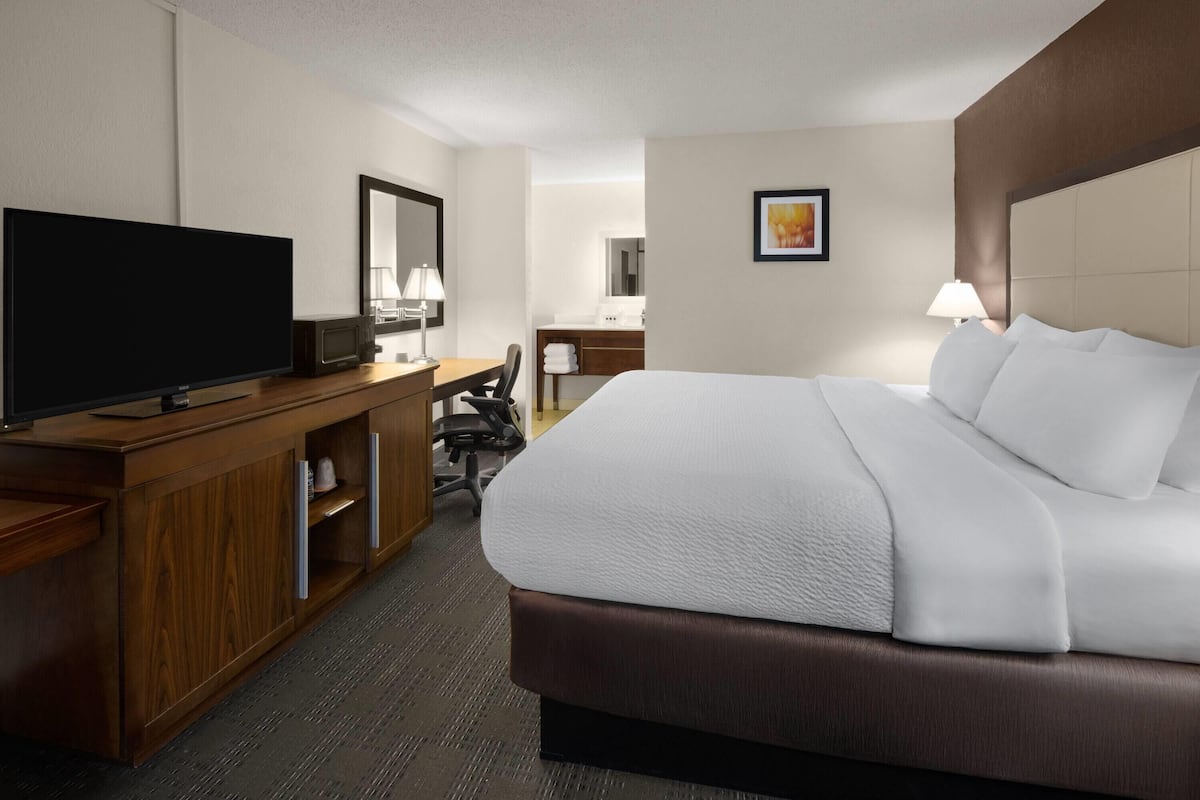 A hotel room with a large bed, a TV, a desk, and a chair.
