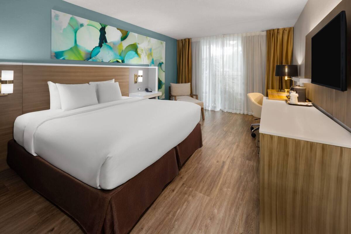 A hotel room with a large bed, a desk, a chair, a TV, and a painting on the wall.