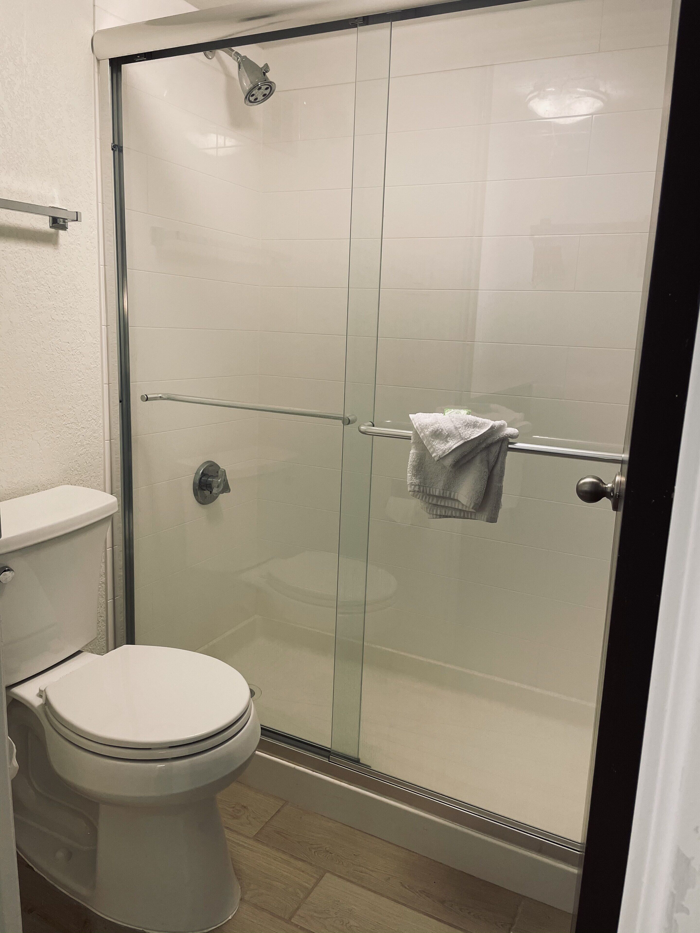 A bathroom with a glass-enclosed shower, a toilet, and a towel rack.