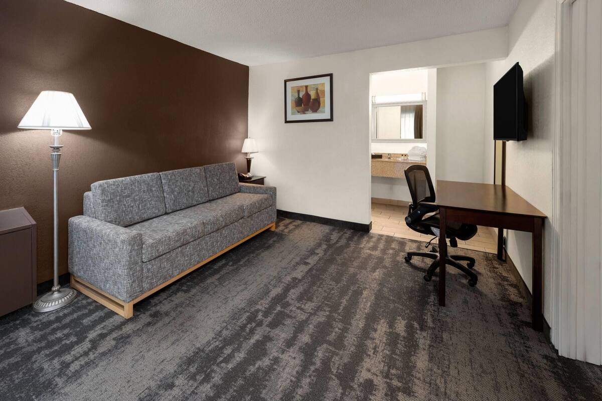 A hotel room with a gray sofa, a desk, a chair, a lamp, a painting, and a TV mounted on the wall.
