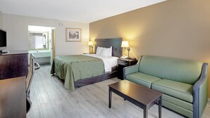 Une chambre d ’hôtel avec un lit, un canapé vert, un bureau et une télévision.
