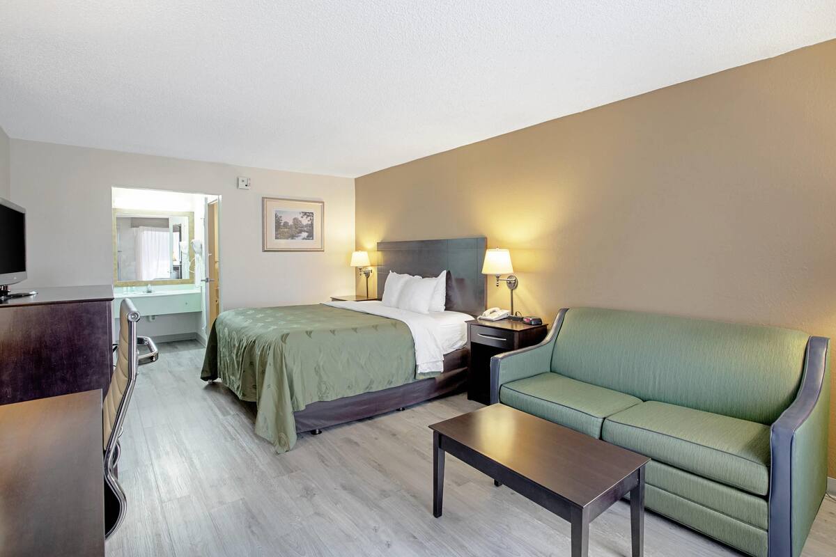 A hotel room with a bed, a green sofa, a desk, and a TV.