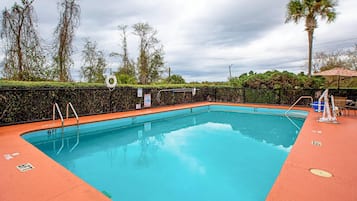 Outdoor pool, pool umbrellas, pool loungers