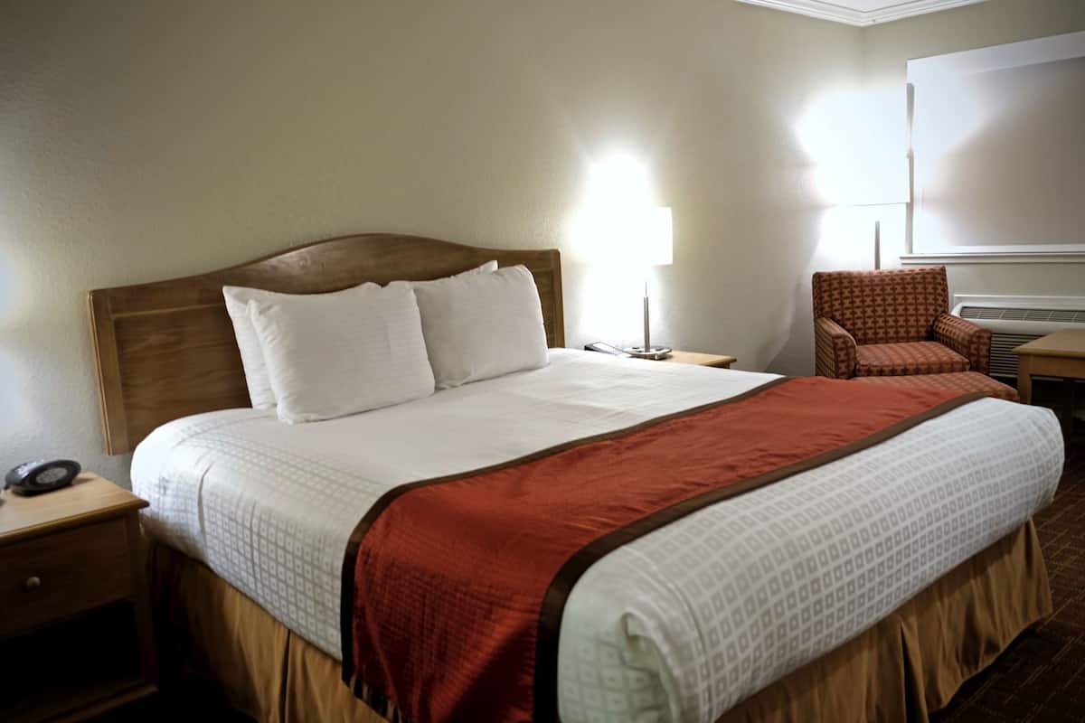 A hotel room with a large bed, a nightstand, a chair, and a TV.