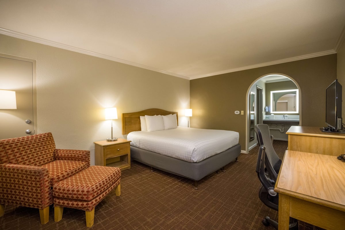 A hotel room with a bed, a chair, a desk, and a mirror.