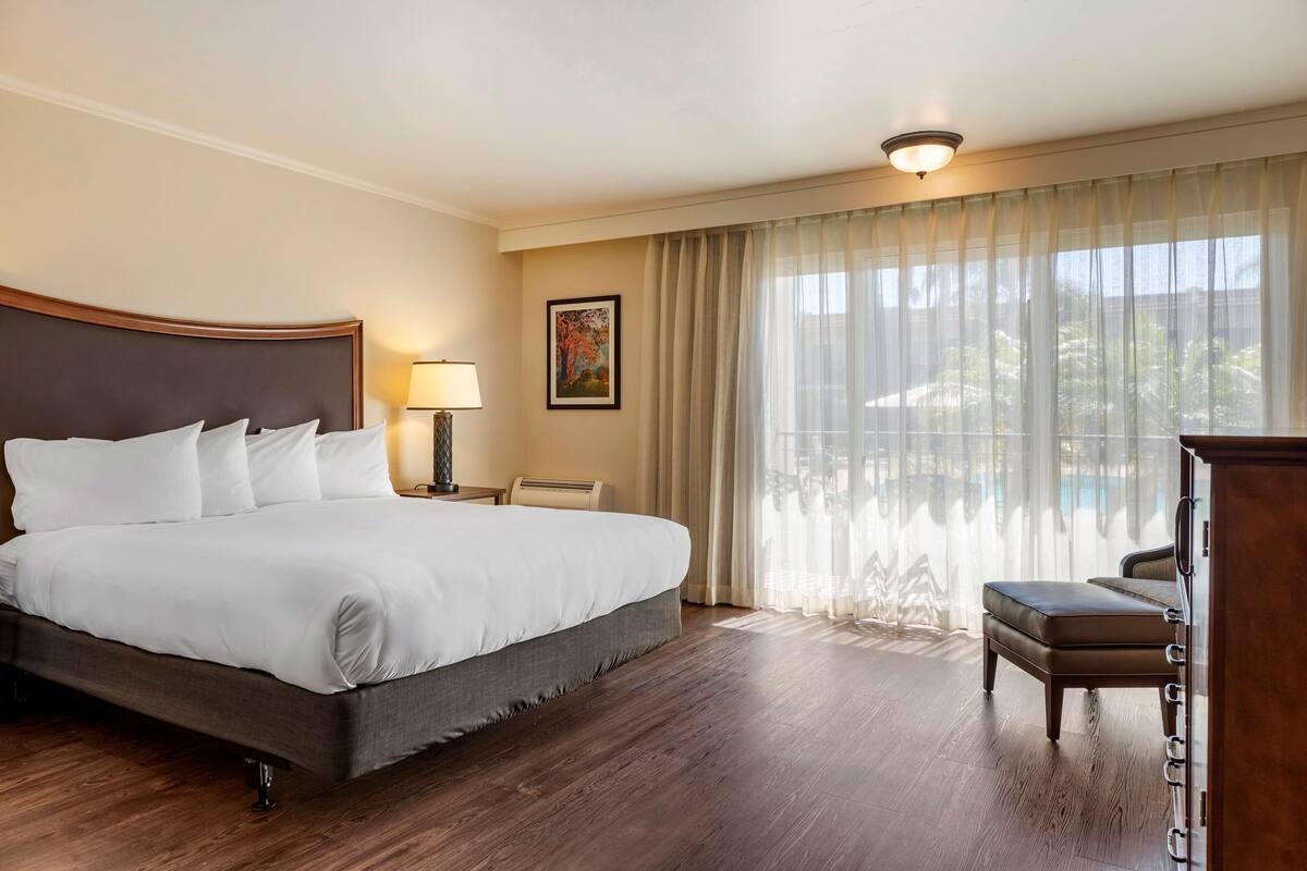 A hotel room with a large bed, a desk with a lamp, a chair, and a view of the outdoors through sheer curtains.