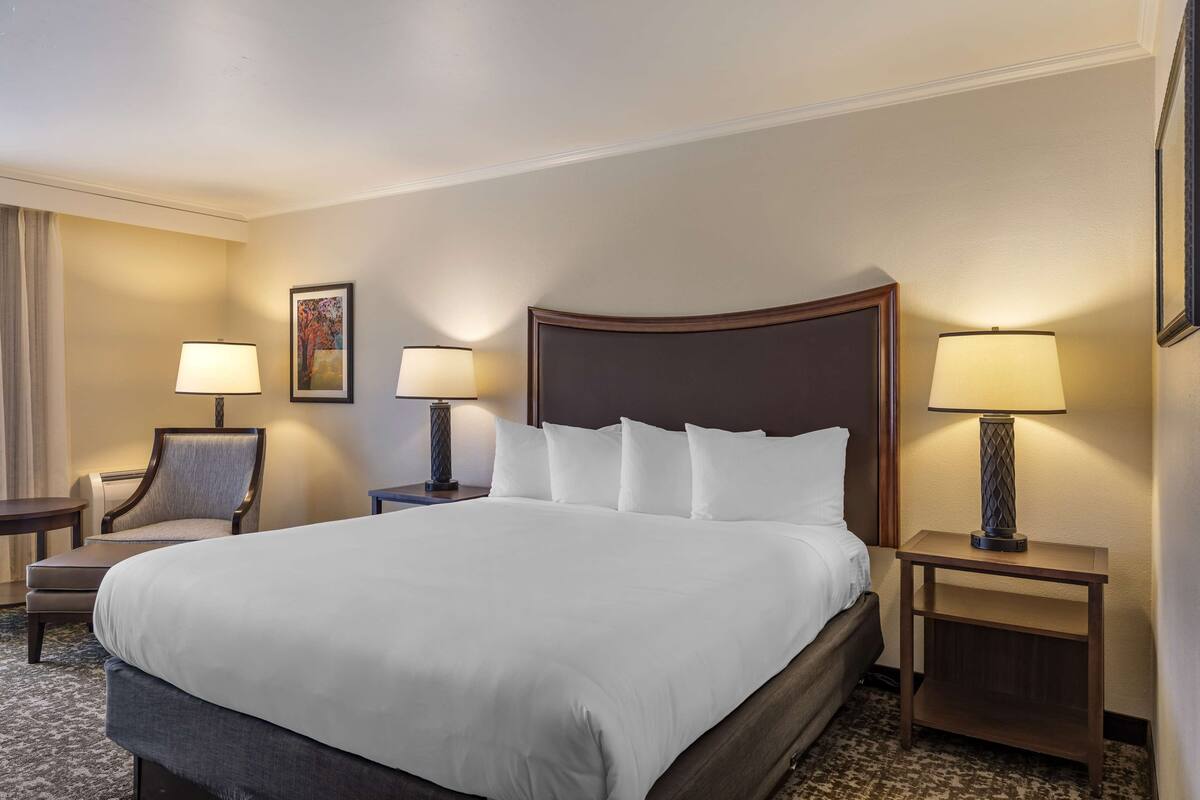 A hotel room with a large bed, two bedside tables with lamps, a chair, and a framed picture on the wall.