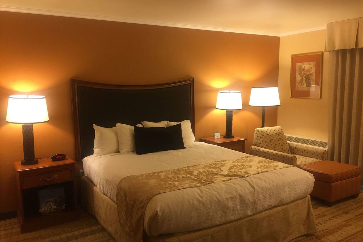 A hotel room with a large bed, two bedside lamps, a chair, and a nightstand with a clock.