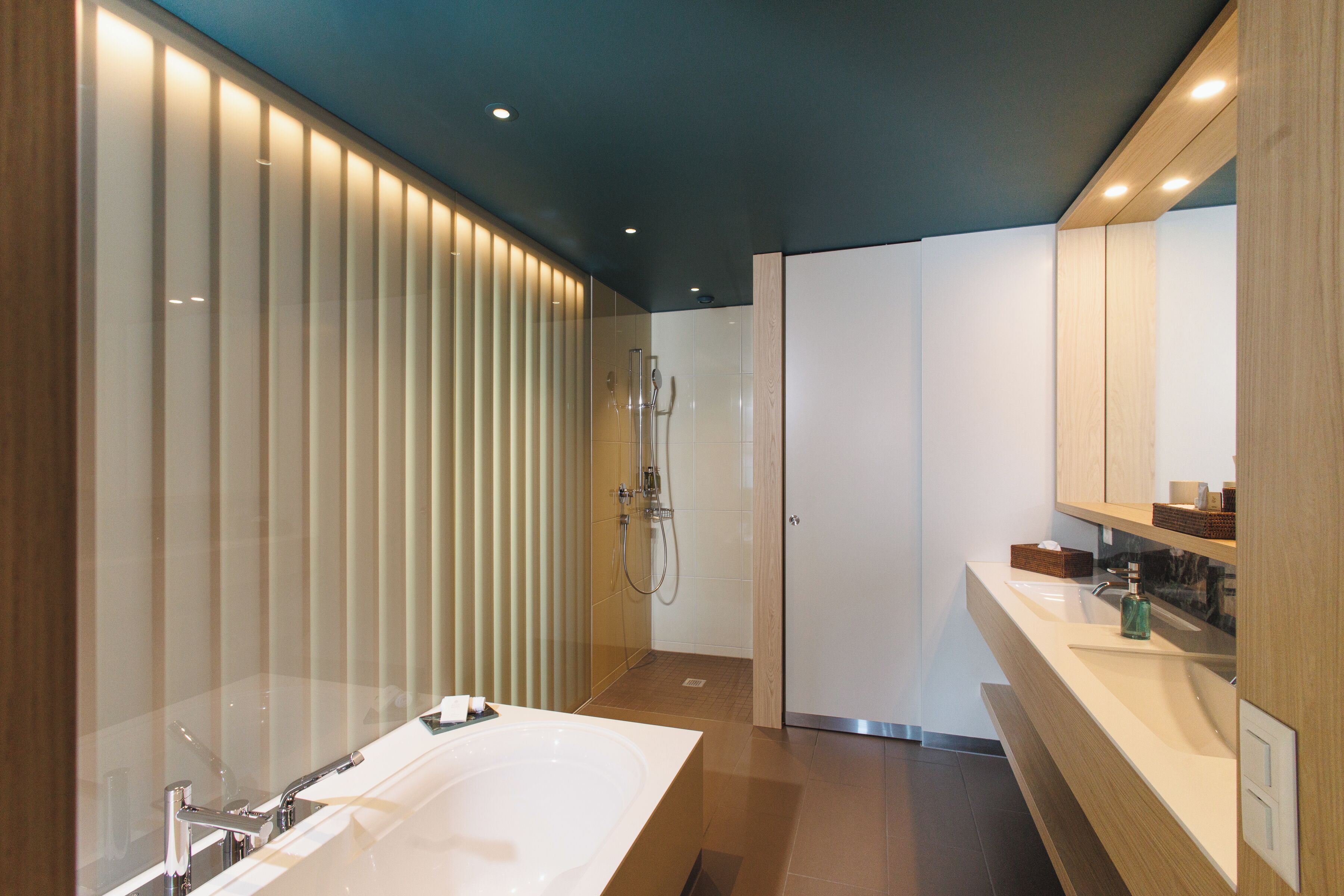 A modern bathroom with a large bathtub, a shower area, and a vanity with a mirror.