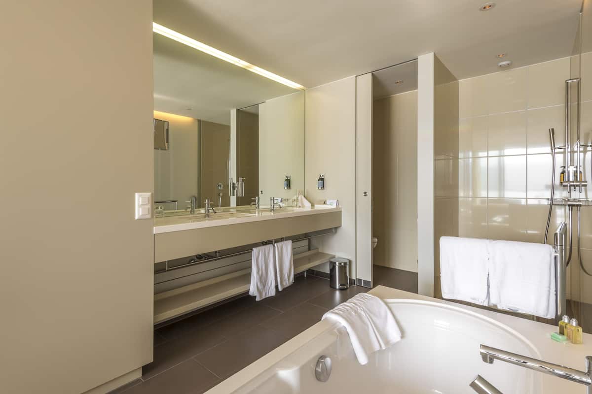 lake view deluxe room | bathroom | designer toiletries, hair dryer, bathrobes, slippers