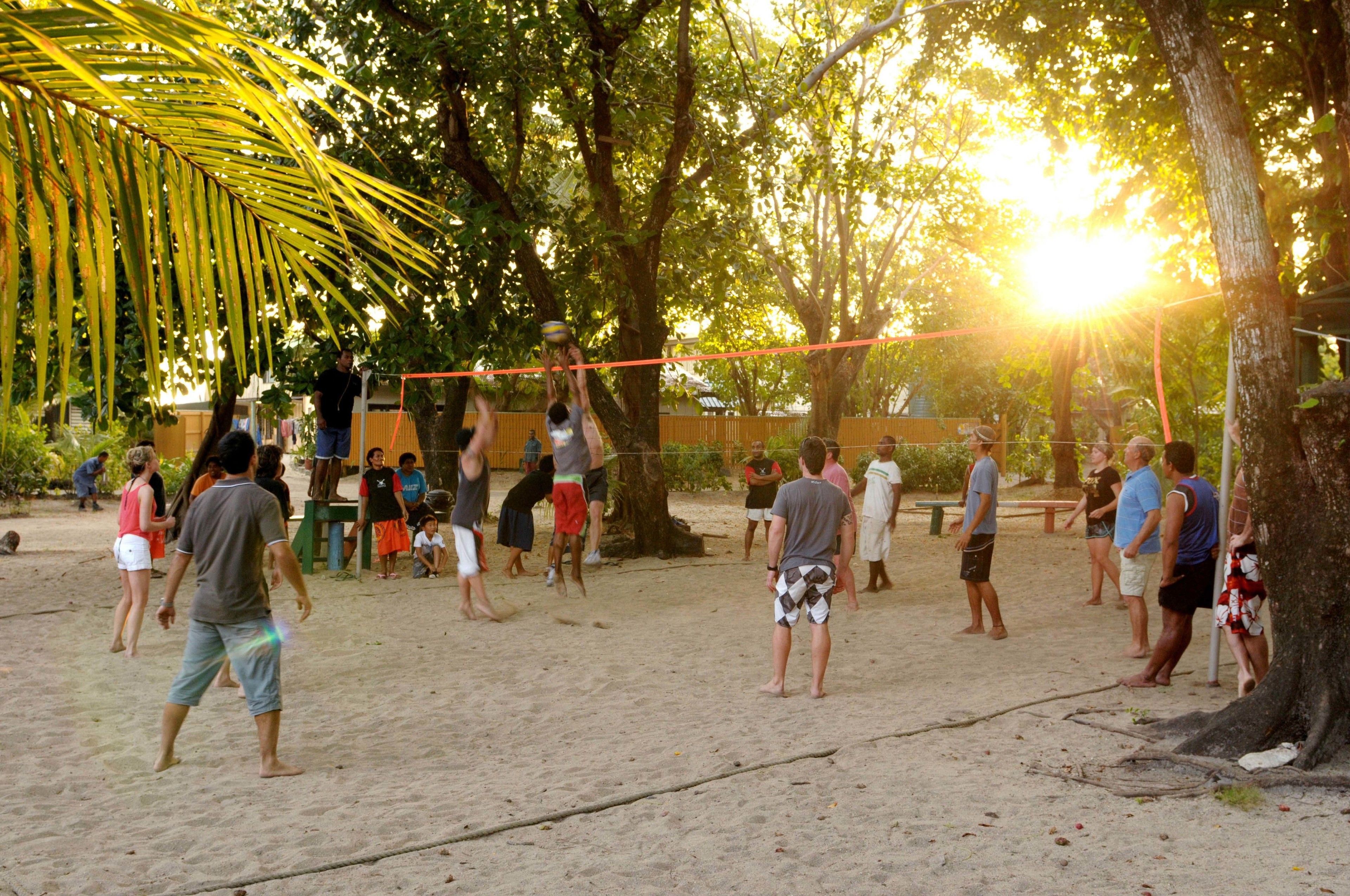 Zona arenosa al aire libre con una red de voleibol, rodeada de árboles y un banco.