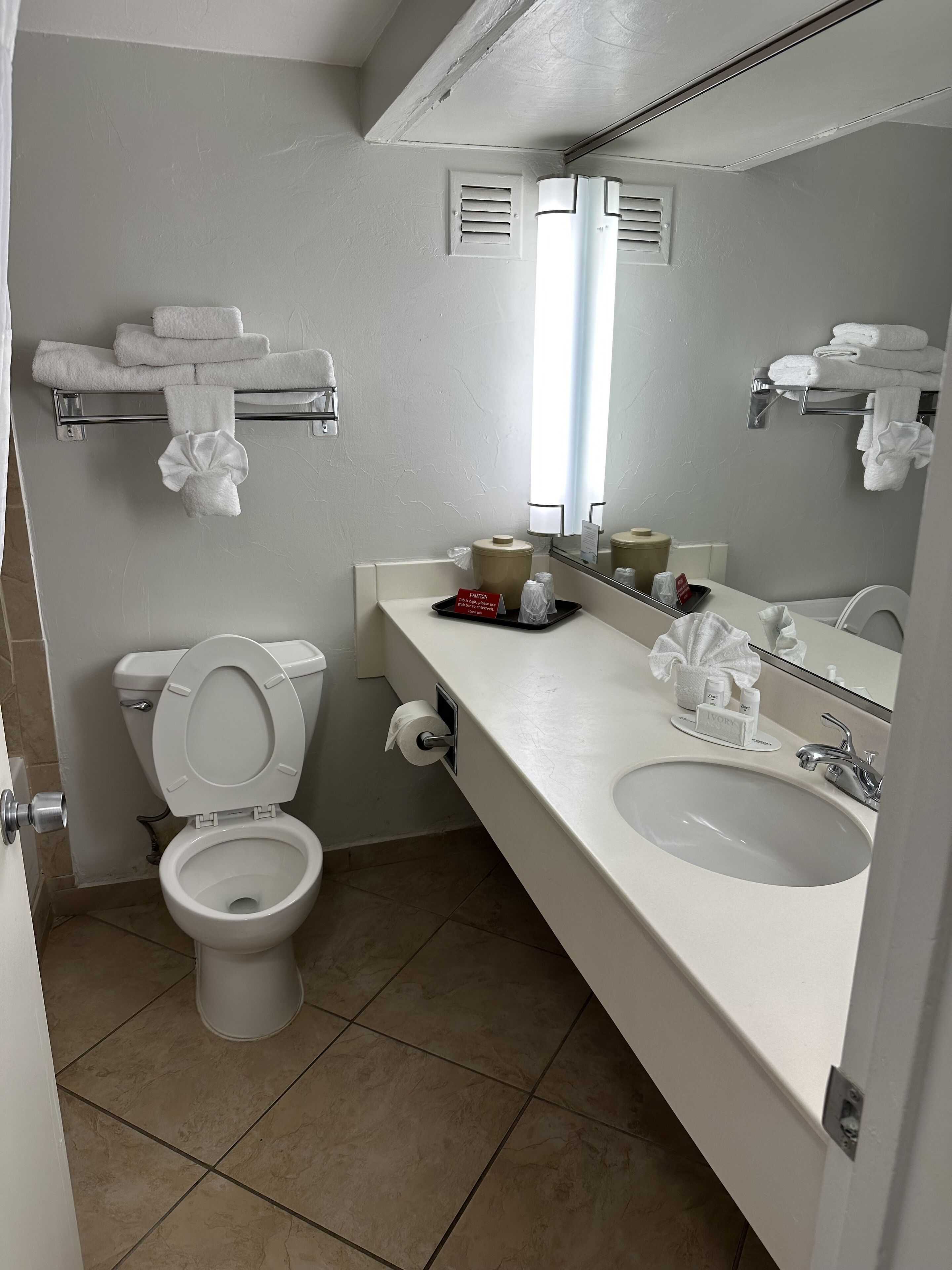 combined shower/bathtub, free toiletries, hair dryer, towels