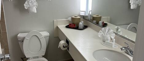 A bathroom with a toilet, sink, and towel rack.