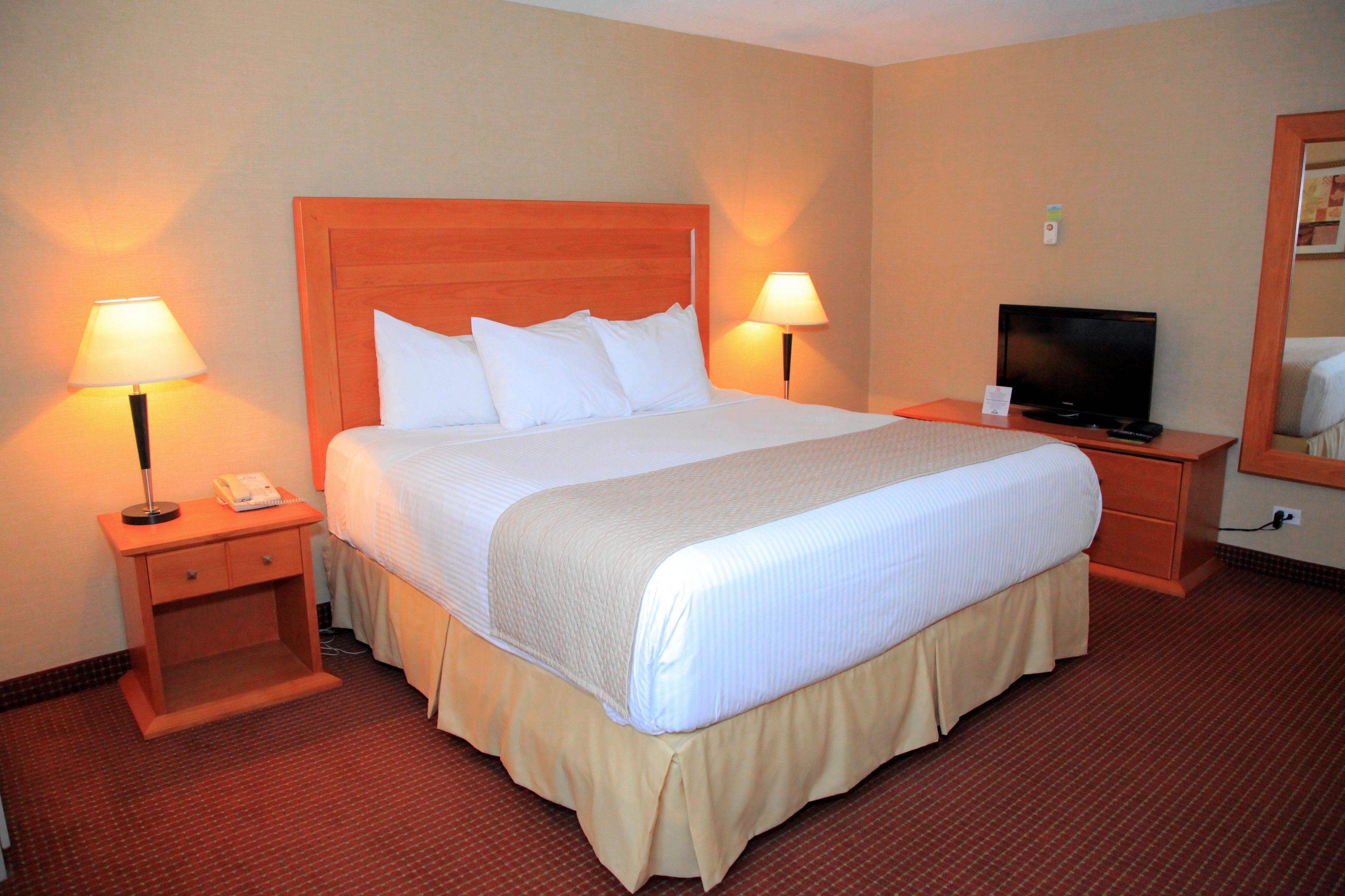 A hotel room with a large bed, two bedside tables with lamps, a television, and a mirror on the wall.