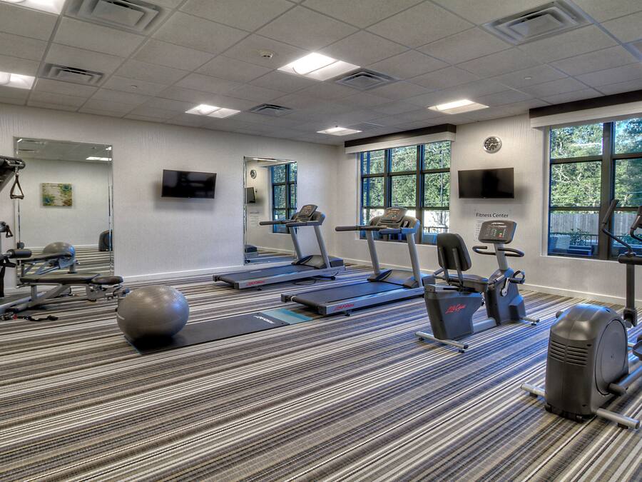 A fitness center with treadmills, elliptical machines, and exercise balls.