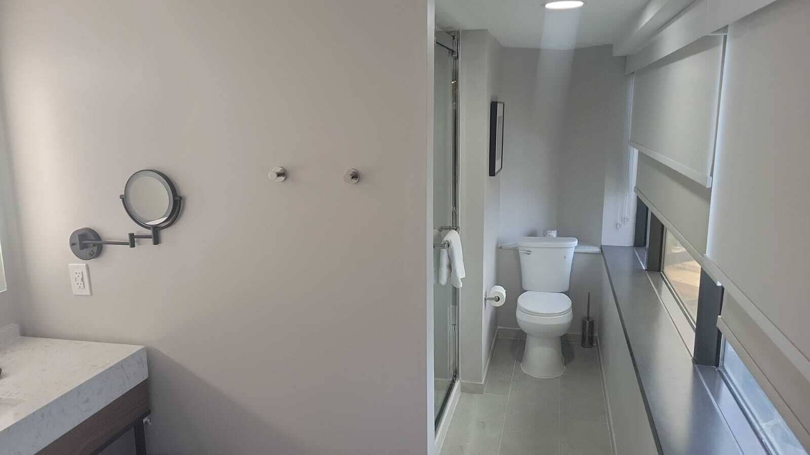 Een kleine badkamer met toilet, wastafel en spiegel.