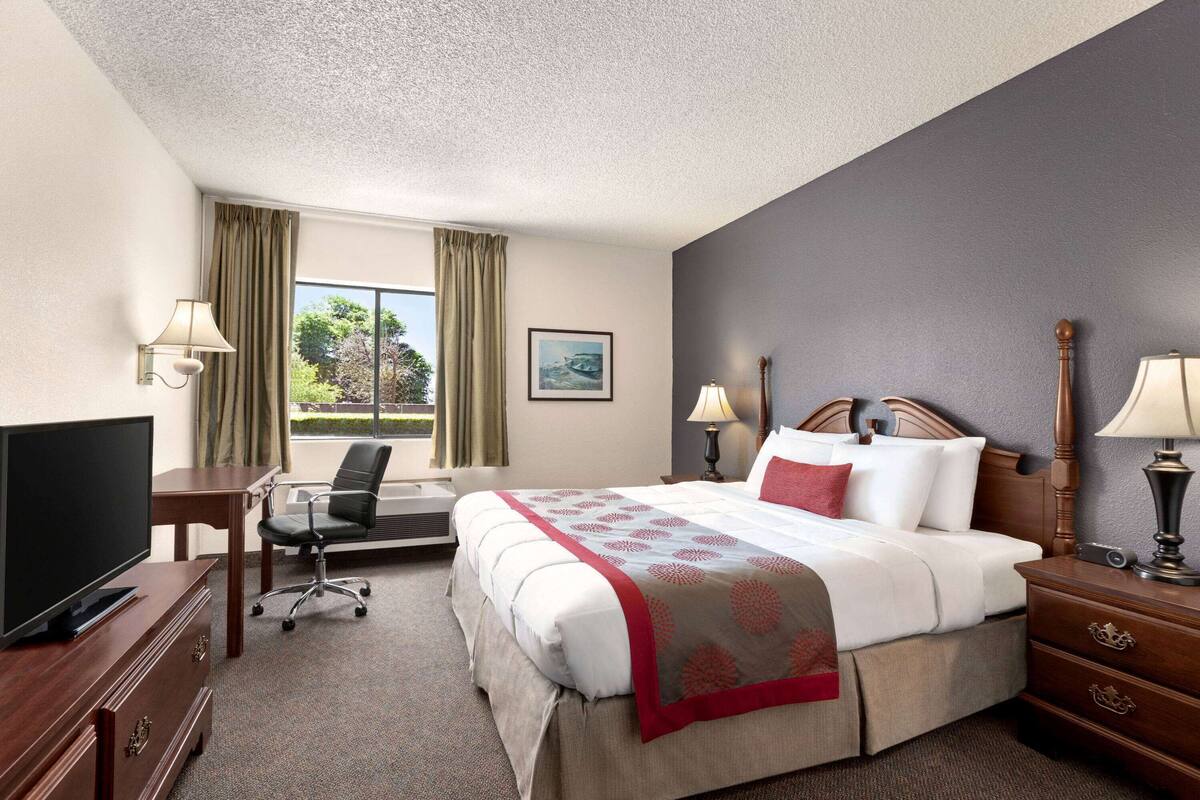 A hotel room with a bed, desk, chair, TV, and two lamps.