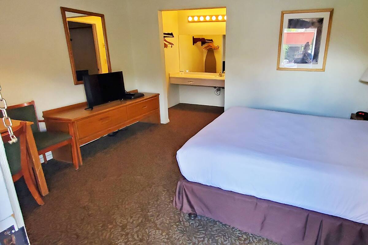 Habitación de hotel con cama, escritorio, silla, televisor, espejo, lámpara y un cuadro en la pared.