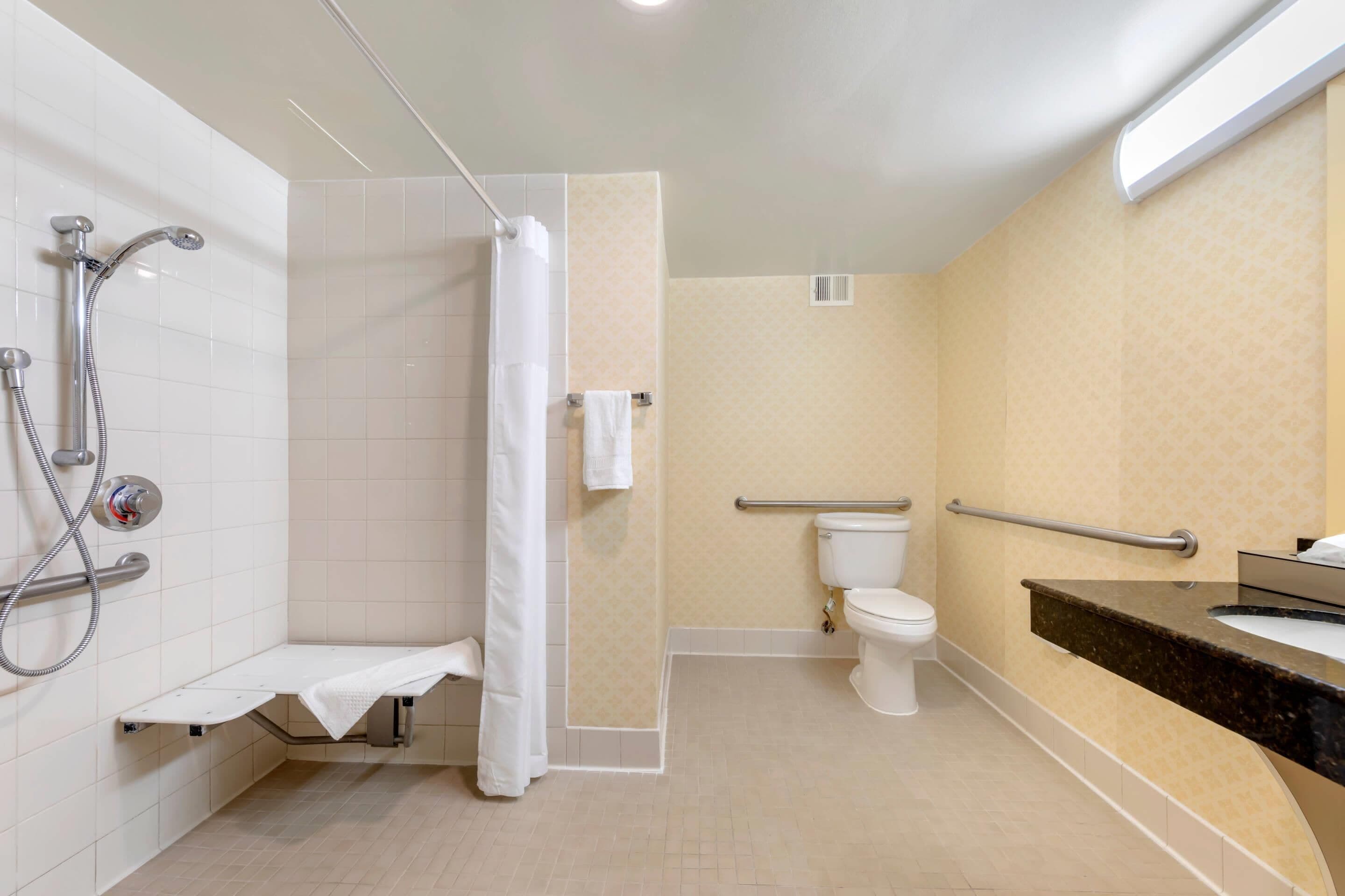 A modern bathroom with a shower, toilet, and vanity.