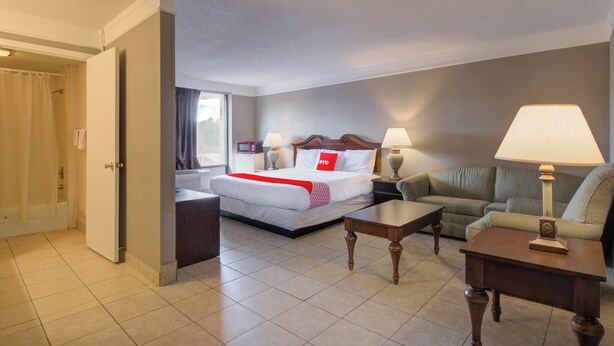 A hotel room with a bed, a sofa, a coffee table, and a lamp. -  Hotel Douglas GA US-441 (Douglas)