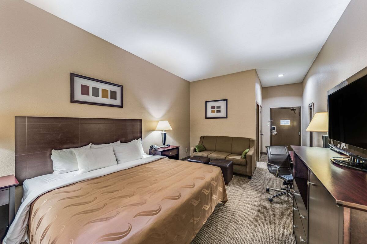 A hotel room with a bed, a desk, a chair, a television, and a couch.