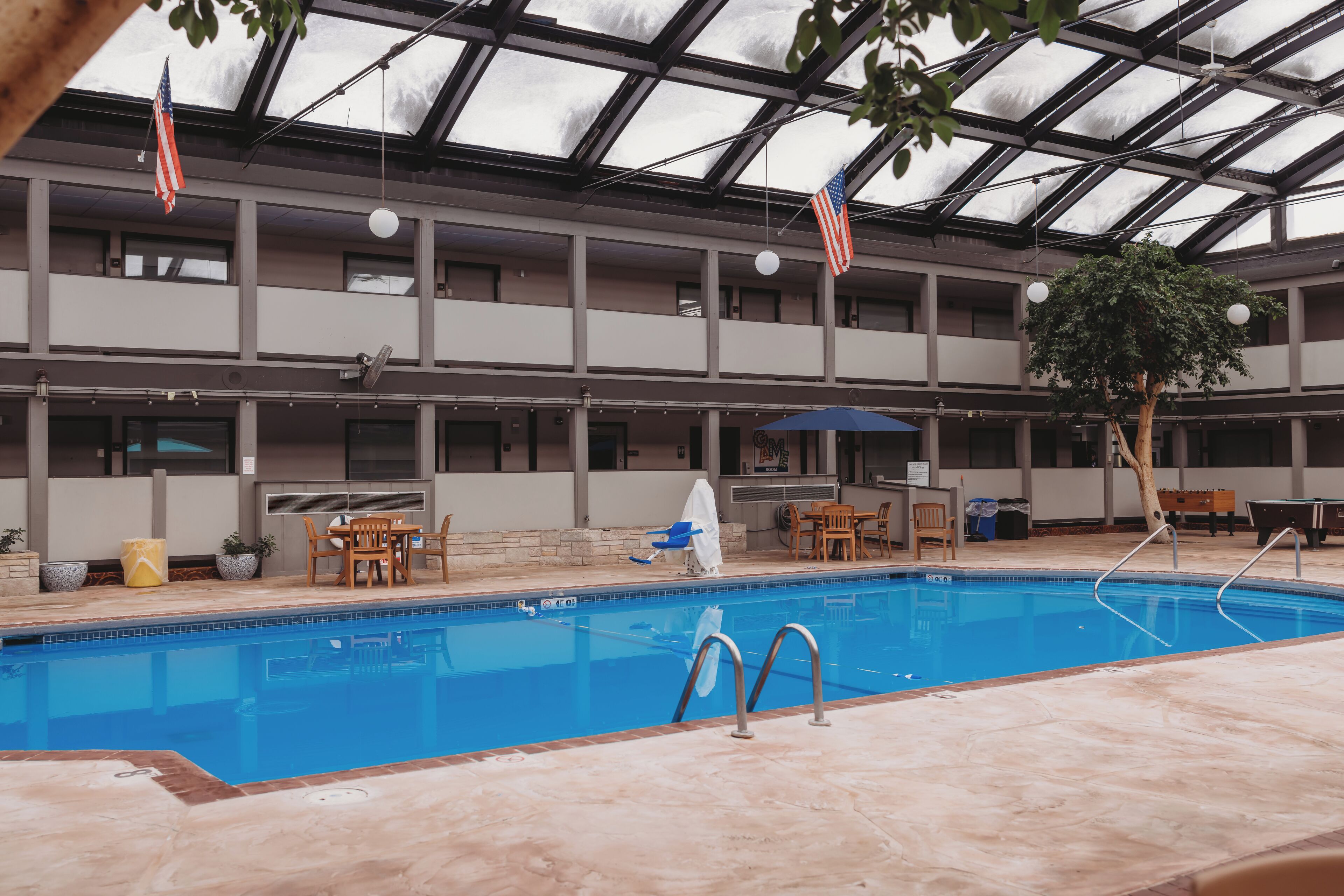 An indoor swimming pool with a glass ceiling, American flags, and a tree.