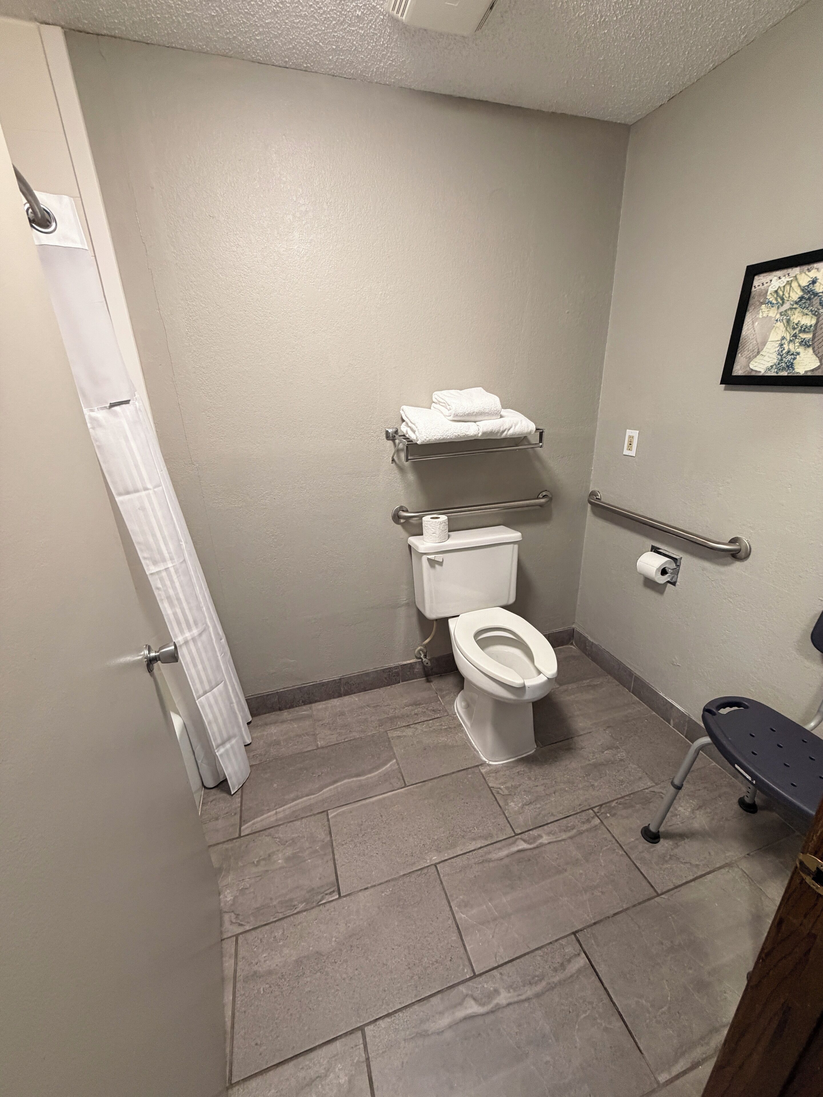 Un baño pequeño con inodoro, toallero, barra de apoyo y cortina de ducha.