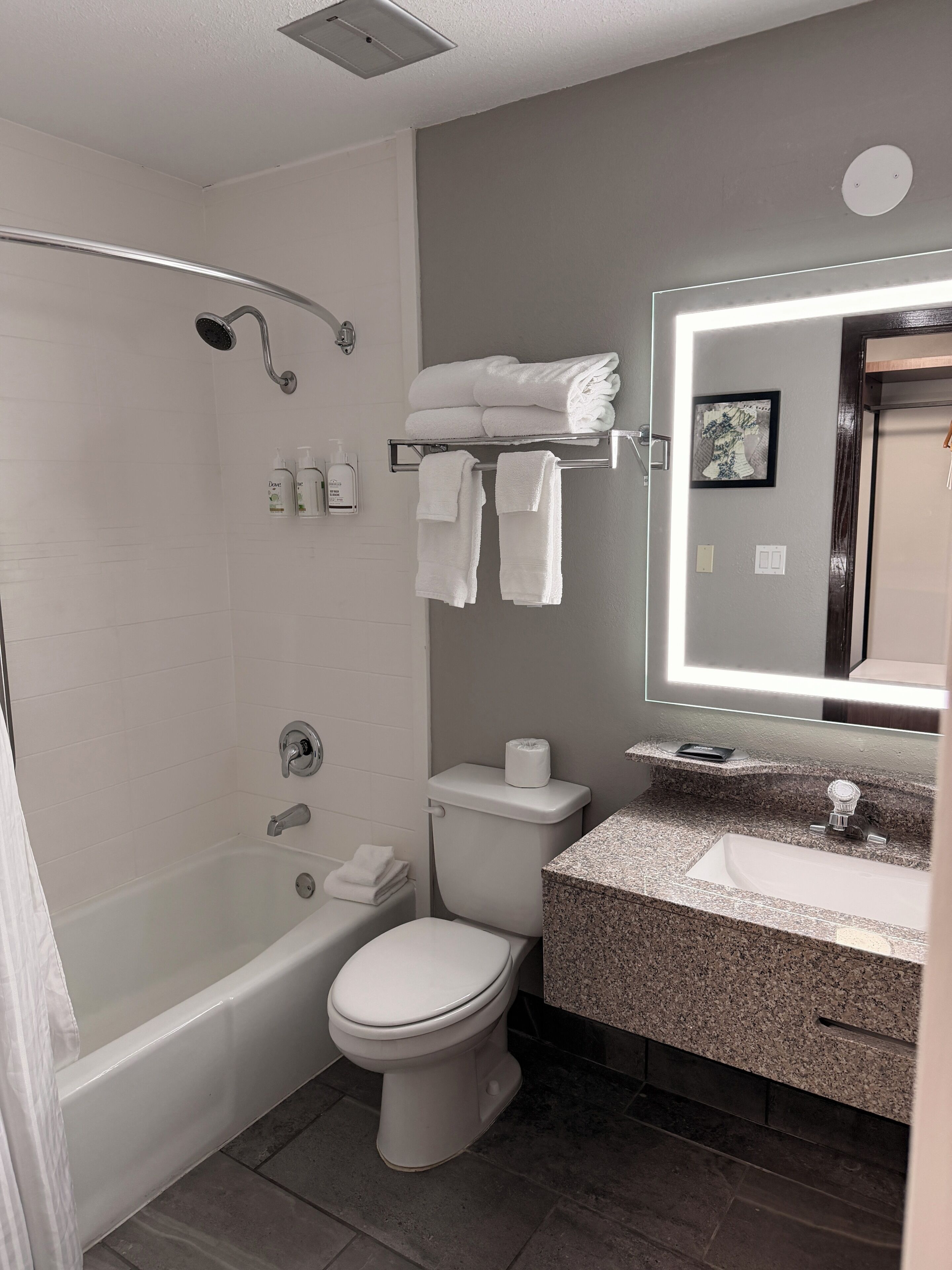 Combined shower/tub, hair dryer, towels, soap