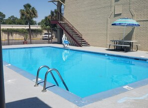 Seasonal outdoor pool, pool umbrellas, pool loungers