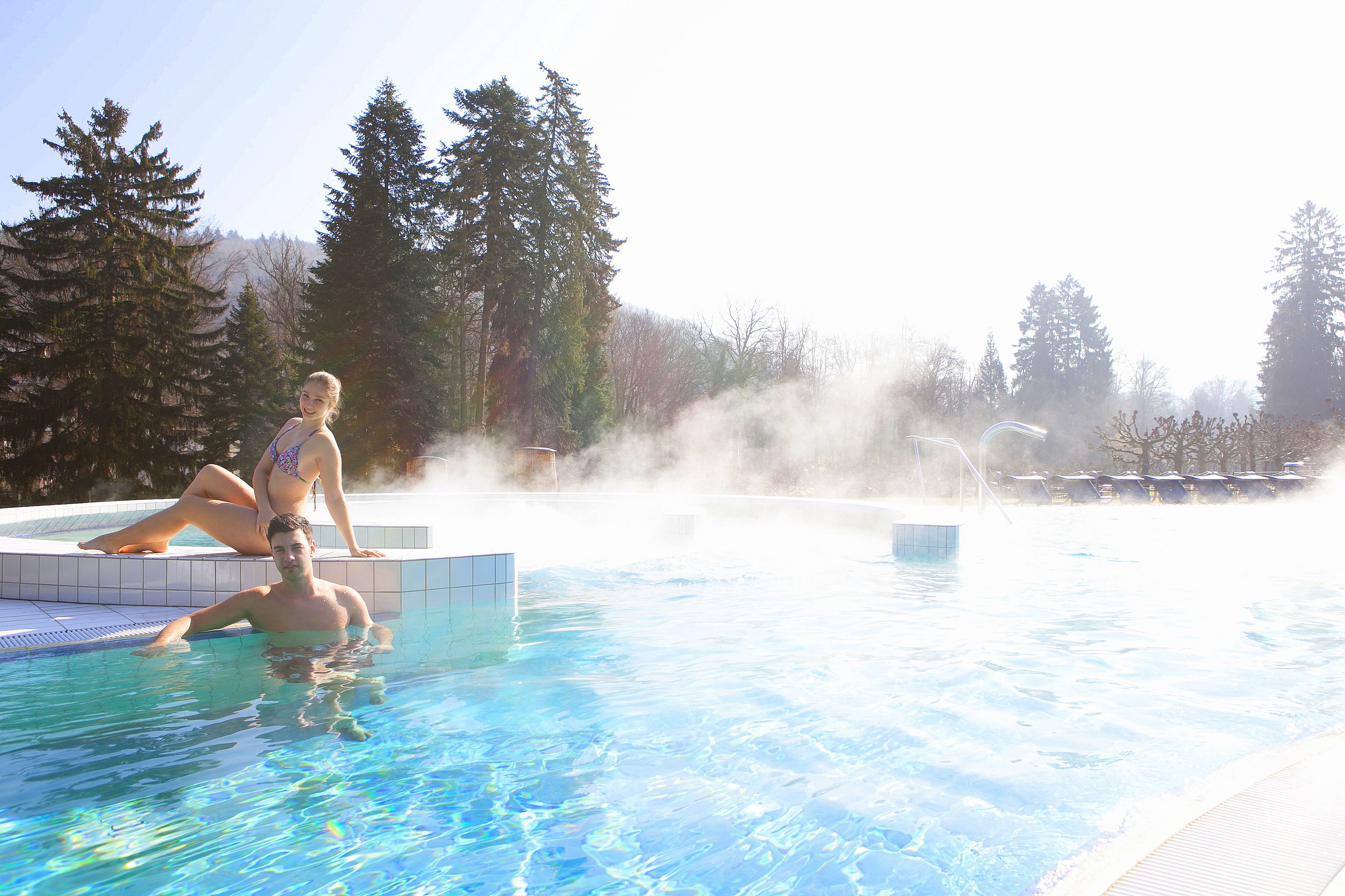 A pool with clear blue water, surrounded by trees and a mountainous backdrop.
