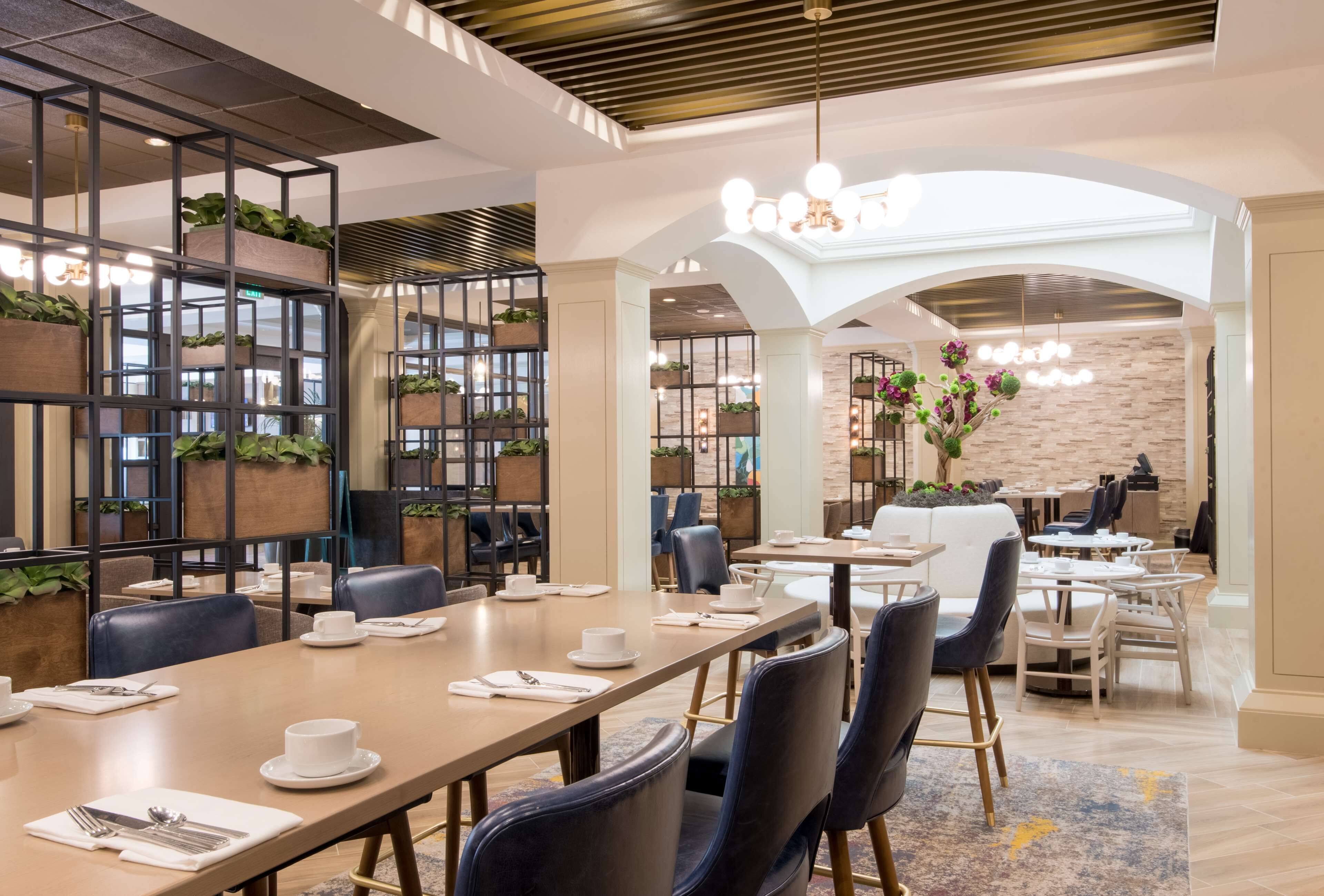 Un espace de restauration moderne avec de longues tables, des chaises et des plantes en pot.