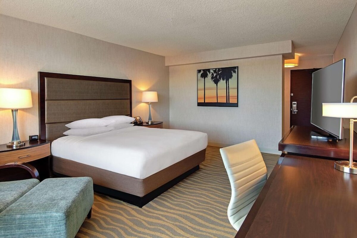 Quarto de hotel com uma cama grande, duas mesas de cabeceira com luminárias, uma televisão de tela plana, uma cadeira e um tapete com padrão de zebra.