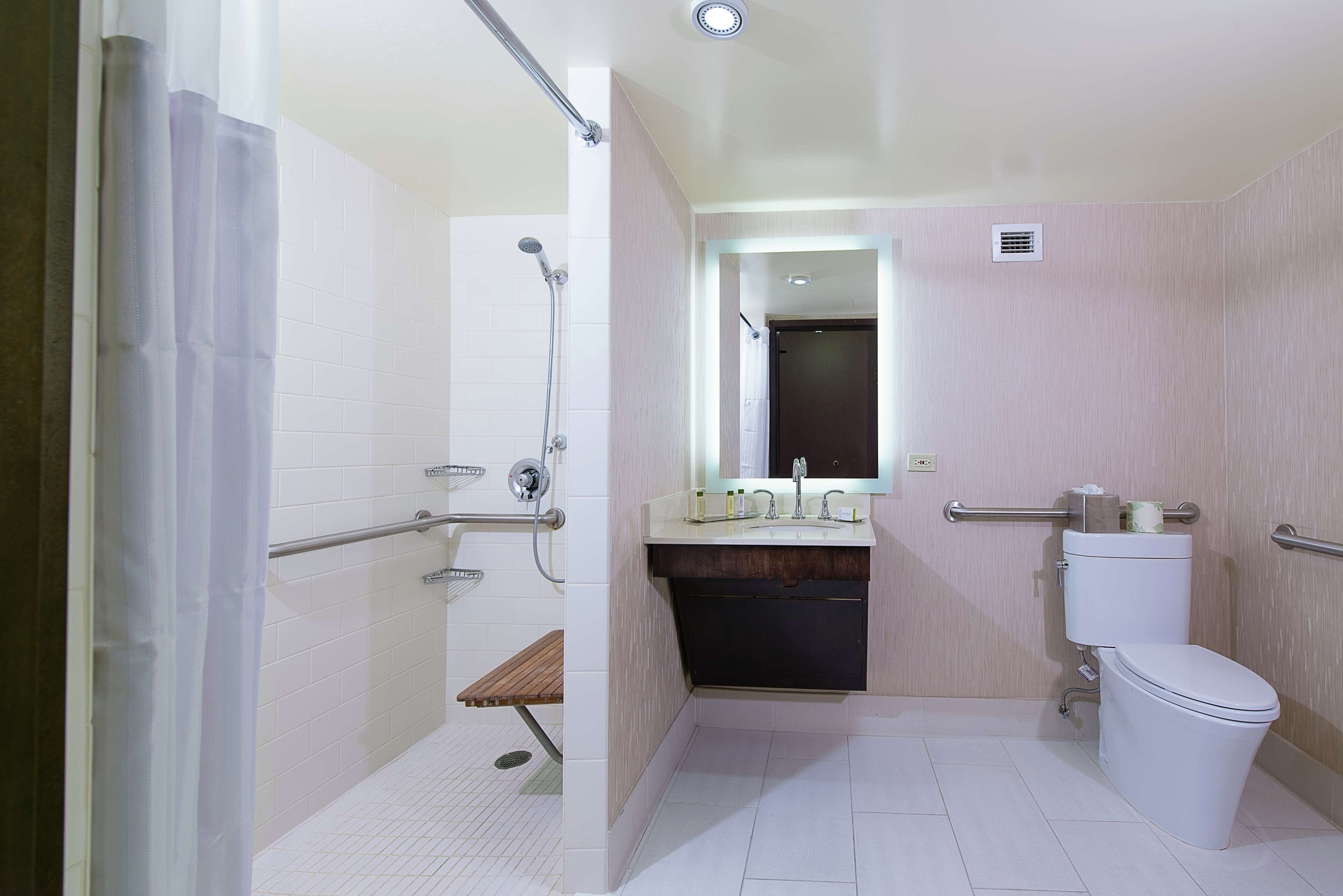 A modern bathroom with a shower, toilet, and sink.