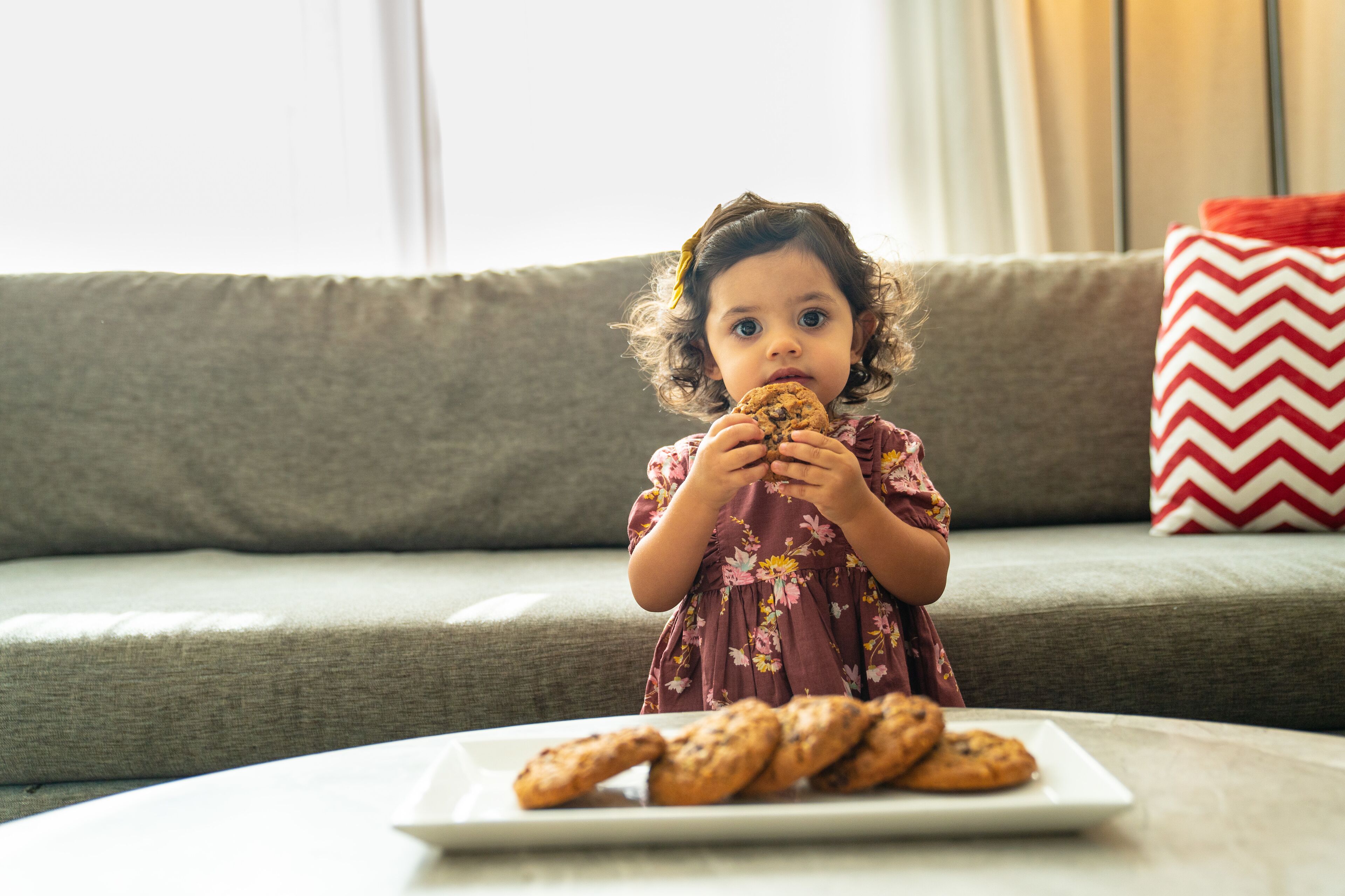 A child sitting on a grey sofa with a plate of cookies in front of them.